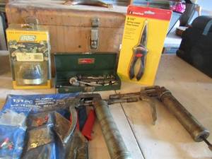 lot 93 image: grease gun qty 2, metal took box, 8 14 spring loaded shop scissors, pressure REG new, socket set, new set of crimping tools