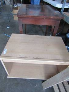lot 99 image: 162717 rolling microwave table, 262224 dark brown swivel top side table needs sanded and stained