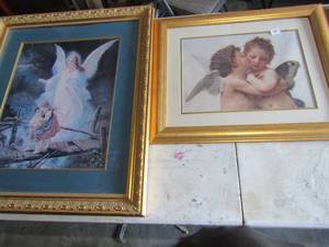 lot 100 image: 2833 framed art of 3 little girls By C. Horgurts, Framed art of 2 baby angels hugging, 2023, Framed art of Angel watching over children in gold frame, 3026
