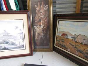 lot 101 image: 2935 framed tower art unknown artist, 4016 Girraff art By Ruane Manning, Framed painted canvas of houses on a open range with a wind mill unknown artist