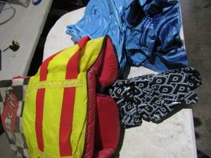 lot 105 image: 2 poolswimming floats unknown condition, 2 38 off brand adult life jackets