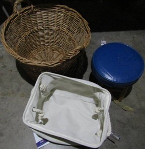 lot 112 image: Double handled wicker basket, double handled white cloth basket, small blue wooden childrens stool