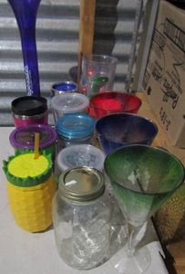 lot 116 image: various cup lot includes tumblers, 3 colorful martine glasses plastic, golf cups and more