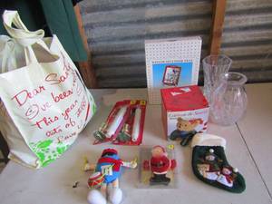 lot 127 image: Christmas lot of, candles, bows, tree dcor, crystal vases 2, Celebrate bear mug NIB, Scotts winter splendor tray NIB