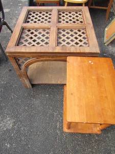 lot 12 image: wicker style side table missing the glass top still able to sit items on wooden part, size  292424, Light brown 2 tier side table 241414, both in good condition qty 2