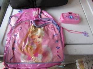 lot 139 image: Barbie back pack and a barbie kids camera, used in great shape