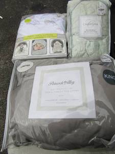 lot 142 image: Peacock Alley King size 500 thread count 100% supima cotton sateen 4 piece sheet set, Plush hoodie car seat blanket NIP, 2 Charisma reversable deluxe diamond shams qty 2 NIP,