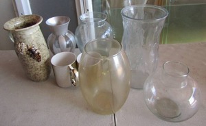 lot 160 image: Glass lot includes, vases, metalic coffee mugs, flower vases