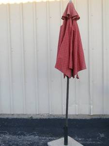 lot 181 image: 86 outdoor umbrella with stand, maroon in color very nice large good for BBQ outdoor