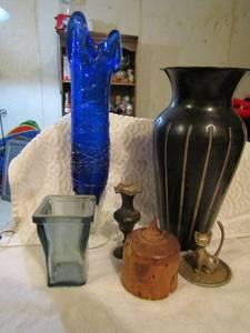 lot 186 image: Blue glass vase , elegant expression metal lined vase, wooden dcor, brass cat ring holder, and more