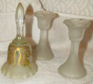 lot 192 image: Best wishes bell, frosted glass candle holders qty 2