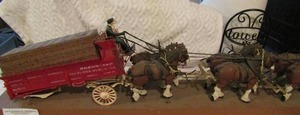 lot 198 image: Budweiser horse and carriage dcor, 365 Back wagon wheels need repair but are available to be fixed