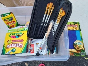 lot 145 image: Childrens Adventure bible, markers, crayons, paint and paint brushes for children, new and used