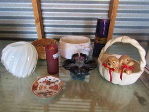 lot 20 image: Glass lot of nick nacks includes, puppy dog handled basket, vases, candy dish and more