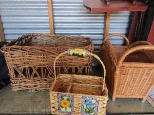 lot 24 image: 122115 large wicker basket, small handled wicker basket, magazine wicker basket holder