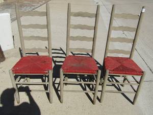 lot 36 image: 3 LADDER Back wooden dining chairs with red wicker seats