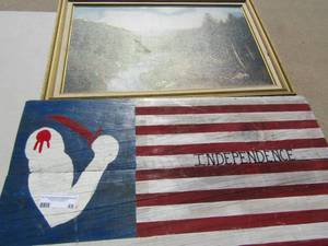 lot 49 image: 1528 wooden hand painted independence flag, stream of a water fall painting unknown artist approx. 1827