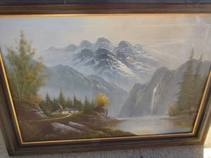 lot 56 image: 3143 framed Mountain art with a river running through it, beautiful art By Paul