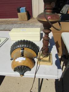 lot 59 image: vintage brass lamp with no shade, brown and black wall light fixture