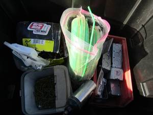 lot 68 image: various used boxes of 1 58 exterior screws, box of 3 in nails bag of 2 in weed eater string, air tool, wood screws and plant hooks