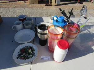 lot 69 image: tumblers, tea glasses, coffee mugs, saucers and plates, spoon rests, and a vintage mayward hand mixer
