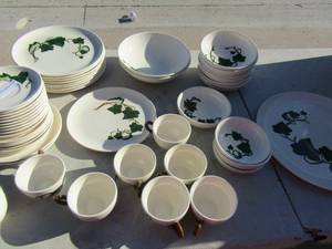 lot 3 image: Poppy Trail Metlox dishes includes, 3 bowls, 1 large serving platter, 7 handled cups, 6 salad bowls, 1 soup bowl, 8 dinner plates, 2 large serving bowls, 10 cup saucers, 7 bread plates, covered butter dish, 2 salad plates ( 48 pcs)   pcs x $