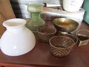 lot 104 image: 2 metal handled baskets, HOBNOB Milk glass light fixture, green light fixture and a solid brass bowl