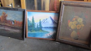 lot 121 image: Mountain and River painting byT L Audsley18x21 12, Fflower Vase portrait framed 24x19, hand painted fall photo framed 19x23
