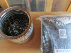 lot 127 image: small bag of ice salt and a coffee can full of roofing nails unknown size