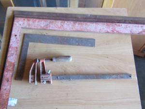 lot 129 image: 4 various size of squares and 1 small wood clamp