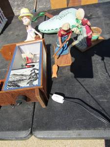lot 156 image: grandpas paddle heart, ceramic hope Nic knack of a girl, 2 handmade wooden Indian plaques, lighted japan wooden dcor