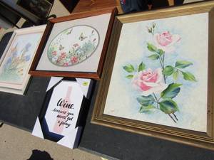 lot 165 image: Art lot includes, Rose painting 2419, New Wine wall art 1311,  Framed butterfly painting needs slight repair to frame 1821,  Tulip painting framed 2218