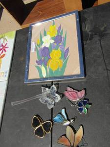 lot 172 image: framed flower portrait 15x12, blown glass rose, 4 butterfly stain glass pieces