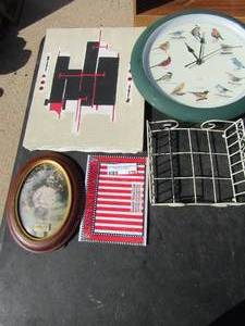 lot 178 image: Bird clock, metal basket, canvas painting and more