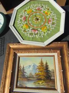 lot 179 image: NEEDLEPOINT Cloth clock, 1816     Markey framed art hand painted mountain side,    B Tarbet framed art of hand painted butterfly 1816
