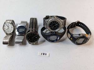 lot 122 image: Lot of 6 Watches - Pulsar, National Semiconductor, Waltham, Geneva, Timex Ironman,