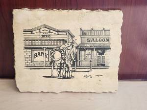 lot 11 image: Vintage western artwork by John French - on stone slab-tile - 1972 345500