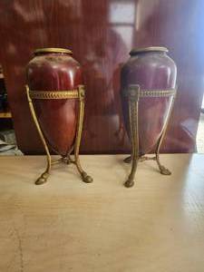lot 15 image: Vintage pair of porcelain mounted urns-vases. Marked France - 1896 - Louis XVI style. One has crack