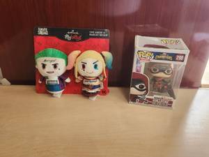 lot 25 image: Guilliotine POP figure and Suicide Squad Joker and Harley Quinn