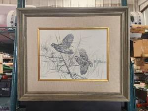 lot 158 image: Framed pencil drawing of fleeing birds - artist signed - 15 x 18