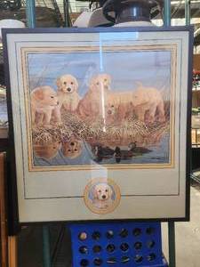 lot 159 image: Framed and matted Golden Retriever puppies in the Marsh - John Akers signed - 2701950 - 26 x 28