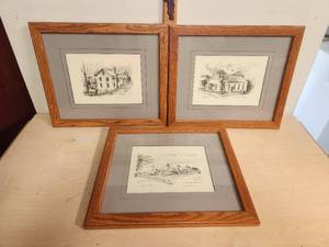 lot 214 image: Framed and matted - Numbered and Signed works by Gerry Post - Avon Township Hall, Winkler Mill, and Parke-Davis Barns