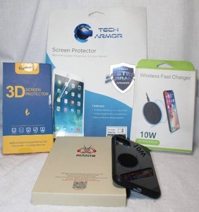 lot 23 image: Wireless Fast Charger , Black, 3D Screen Protectors, Screen protector for Apple iPhone XS and iPhone case. Also includes screen protector for Apple iPad Air HD Clear.