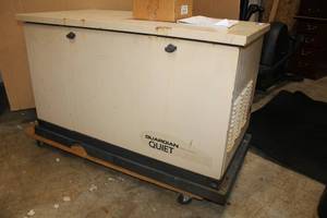 lot 3 image: Guardian Generac Quiet Source Whole House Generator. It has a natural gas hookup and maintenance kit.