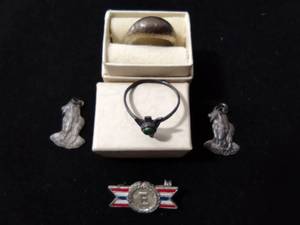 lot 108 image: Sterling Silver selection. All marked .925. Naval enamel pin, (2) Glacial Park charms, Ring (Size 5), Turquoise ring (Size 5.5).