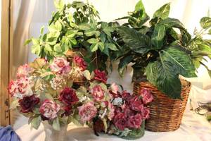 lot 132 image: Artificial plants and flower arrangements PLUS wrought iron plant stand