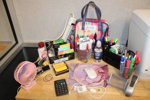 lot 20 image: Office Lot Lunch Bag, Wire mesh organizers, Mouse pads, Mouse, Desk fan, Charger, see pictures