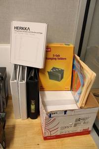 lot 23 image: Office Supplies (3) reams copy paper, Binders, Binder dividers, hanging and manilla folders