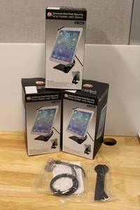 lot 37 image: (3) CTA Universal Anti-Theft Security Grip holder with stand for Tablets (2 are stands only, one has security cable)