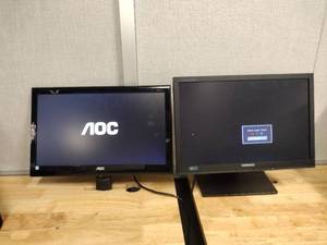 lot 16 image: Samsung Monitor with Adapter, AOC LCD monitor model 195LM00002, and extra stand